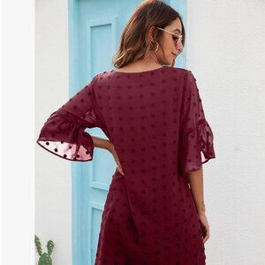 Burgundy Dresses Short Sleeve V Neck Ruffle Chiffon Flowy